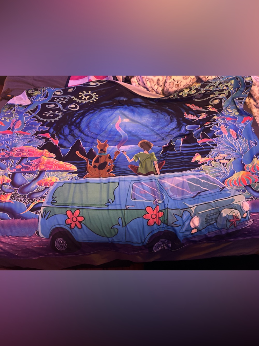 Psychedelic Van & Forest Tapestry in Vibrant Blues and Greens